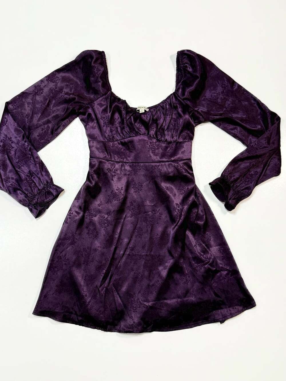 Red Heart Womens Purple Floral Satin Long Sleeve Mini Dress Size Large Whimsigot